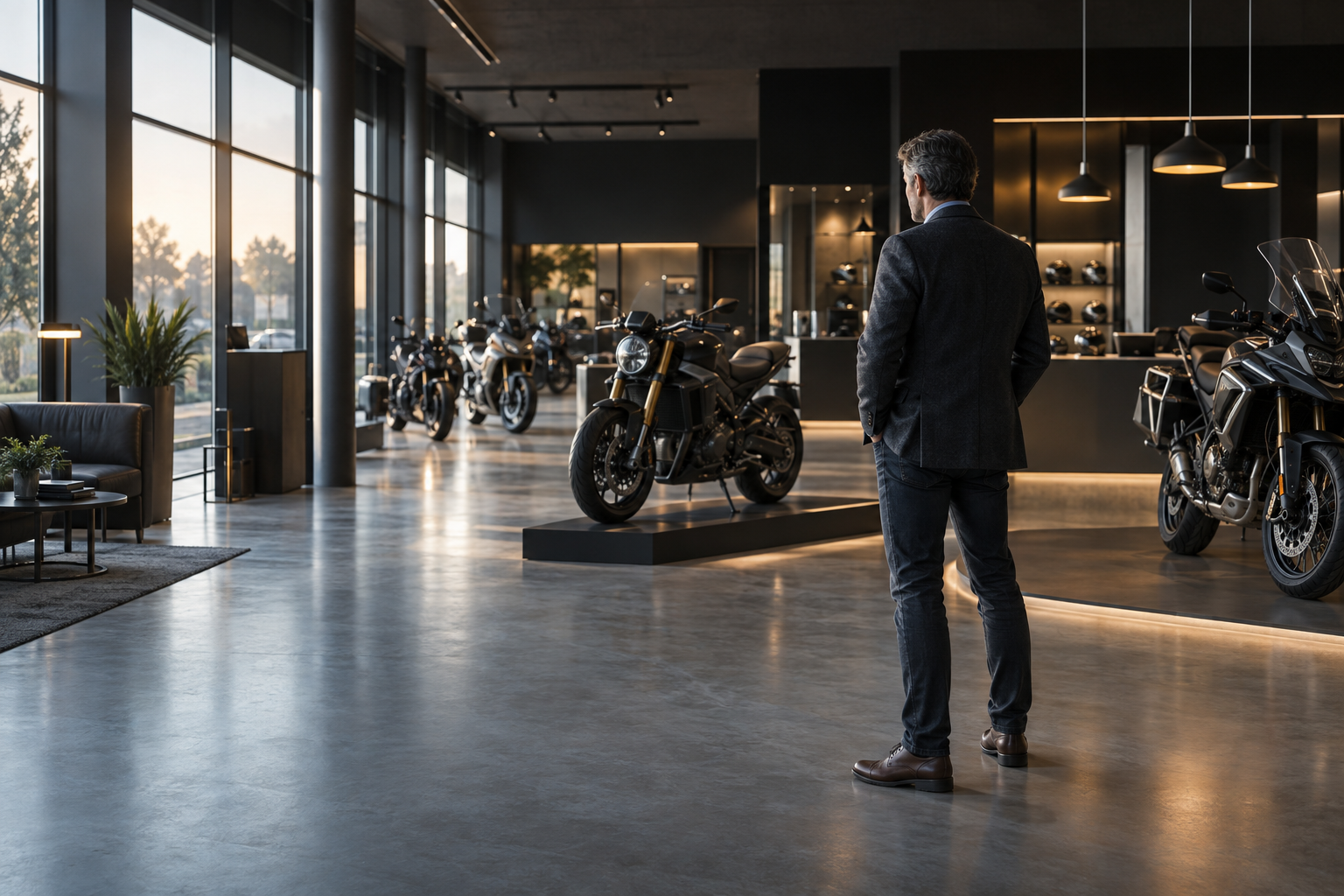 Dirigeant dans le showroom d’une concession moto